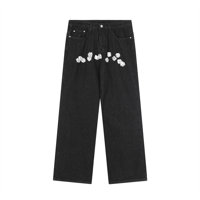 Men Jeans Retro Loose Casual Dice Printing