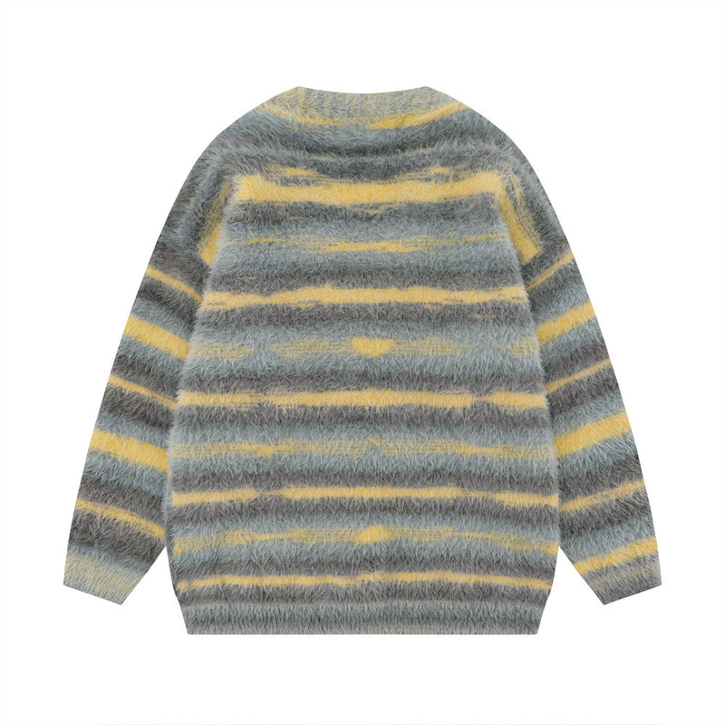 Men Sweater Striped with Fleece Lining Thick Knit Cardigan Loose V-neck Sweater