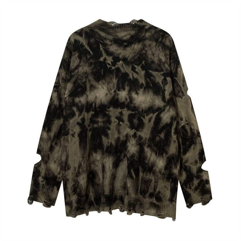 Men Sweater Tie-Dyed round Neck Sweater for Dirty Make Old Ripped Knitwear