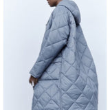 Women Cotton Coat Diamond Lattice Loose Decorative Blue Hooded Jacket