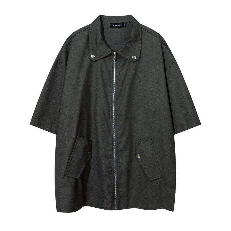 Short Sleeve Shirt Solid Color Tooling Zipper Lining Loose
