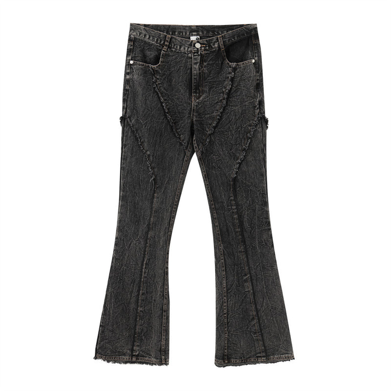 Men Jeans Distressed Bell-Bottom Pants Hip Hop Trend Stitching Edging