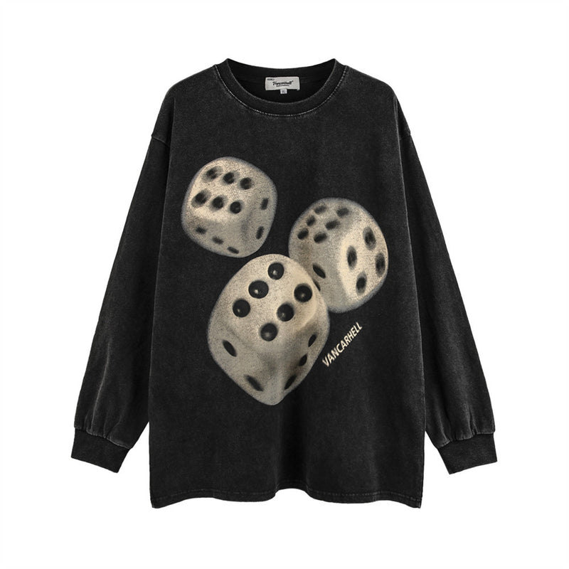 Men Long Sleeve T-Shirt Dice Printing Worn Looking Washed-out