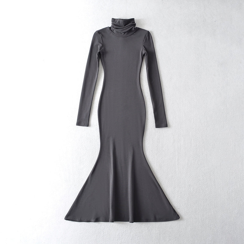 Women Dresses Micro Velvet Lined Turtleneck Fishtail Dress