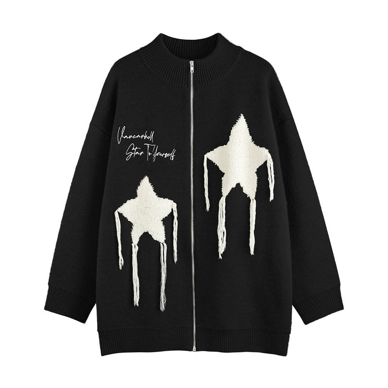 Men Sweater Five-Pointed Star Stand Collar Zipper Cardigan Sweater
