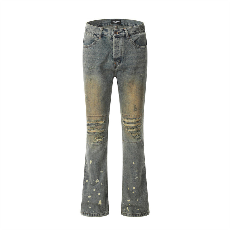 Men Jeans Bell-Bottom Pants Splash Ink Hole Distressed