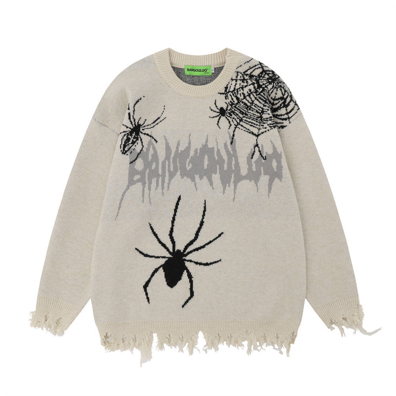 Men Sweater Spider Web Printed Sweater Loose Niche Ripped Knitted Sweater
