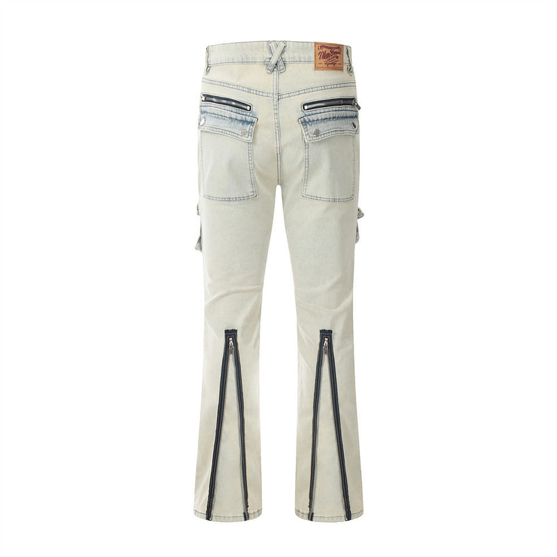Men Jeans Cargo Jeans Zipper Bell-Bottom Pants Multi-Pocket