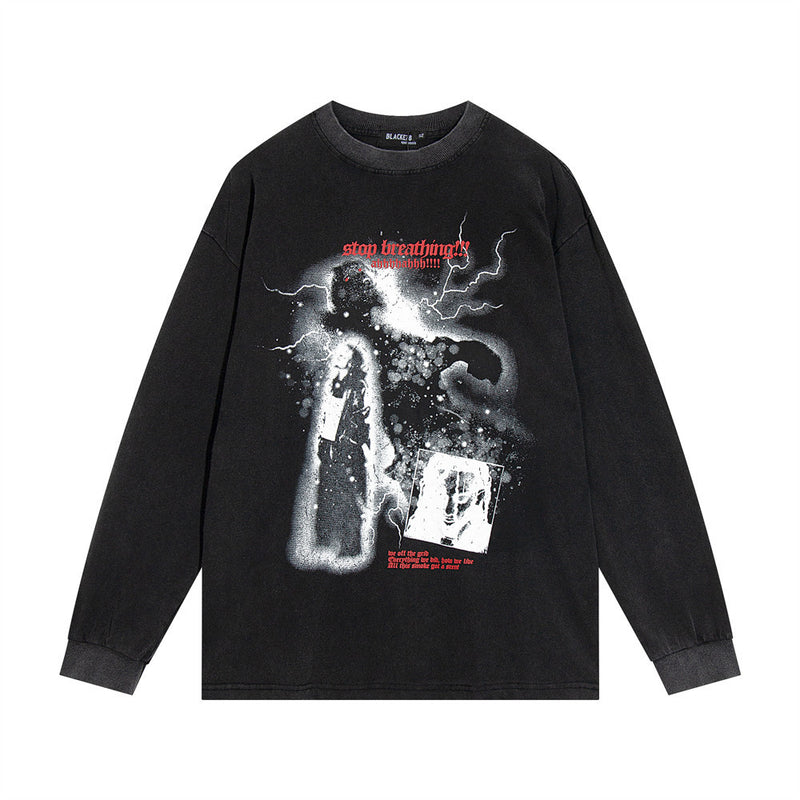 Men Long Sleeve T-Shirt Devil Portrait Pattern Hip-Hop Fashion Distressed