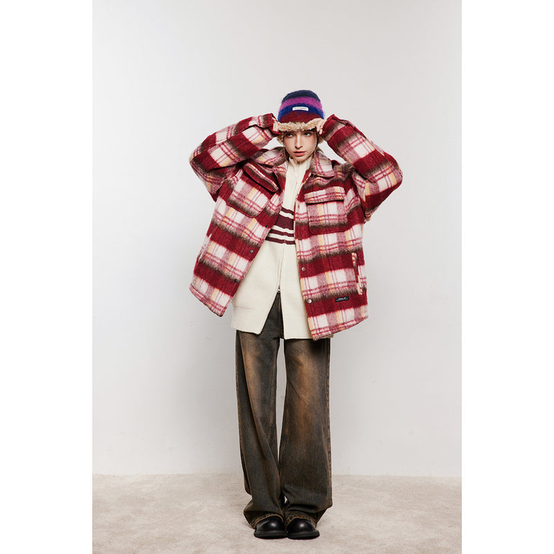 Unisex Coat Retro College Style Plaid Cotton-Padded Coat