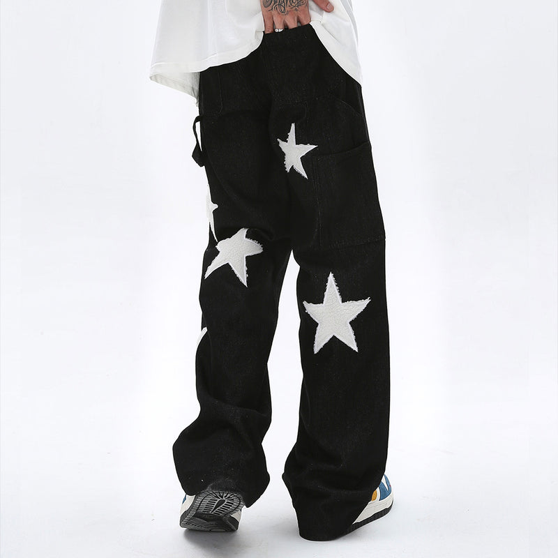 Men Jeans Flocking Five-Pointed Star Patch