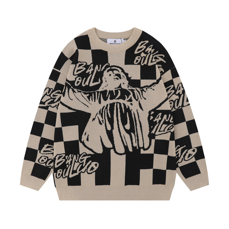 Men Sweater Cartoon Cartoon Chessboard Crew Neck Sweater
