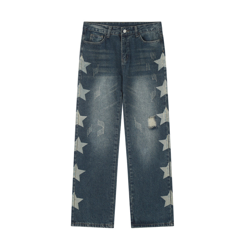 Men Jeans Five-Pointed Star Printing Loose Hole Worn