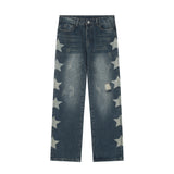 Men Jeans Five-Pointed Star Printing Loose Hole Worn