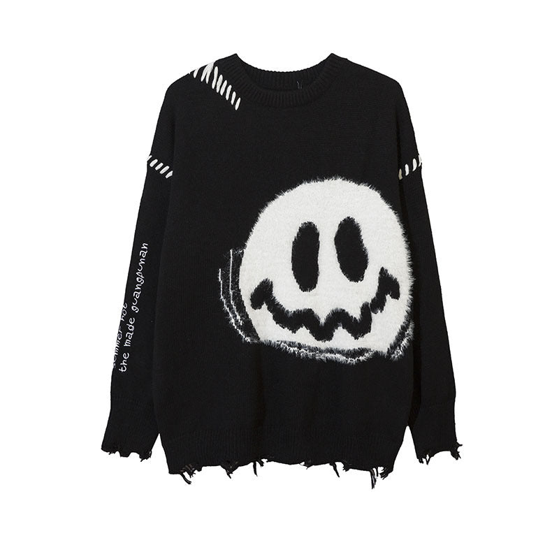 Women Sweater Smiley Face Contrast Color Knitted Sweater Oversize Hole