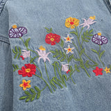 Men Long Sleeved T Shirt Denim Long Sleeve Shirt Men Spring and Autumn Floral Embroidery Washed Faded Baggy Coat