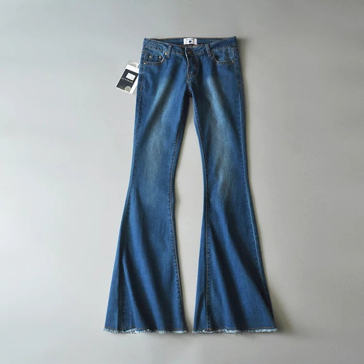 Women Jeans Frayed Flared Pants Stretch
