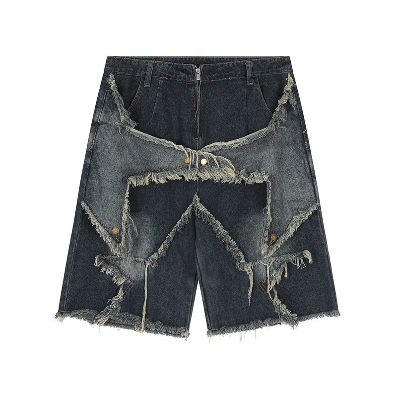 Men Shorts Five-Pointed Star Paste Cloth Embroidery Denim Summer