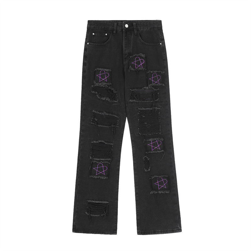 Men Jeans Punk Hole & Patch Embroidery Worn out