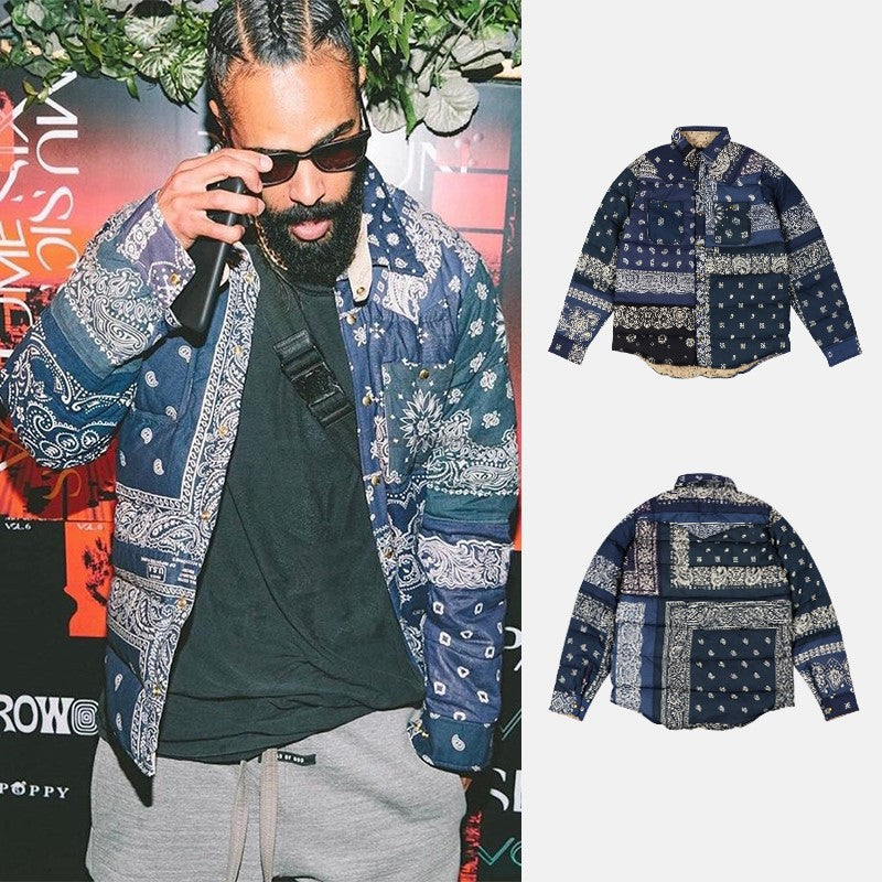 Kapital Hoodie Vintage Stitching Ancient Cloth Paisley down Shirt Coat Cotton-Padded Jacket