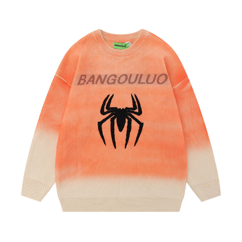 Men Sweater Inkjet Dyed Spider Jacquard Crew Neck Sweater