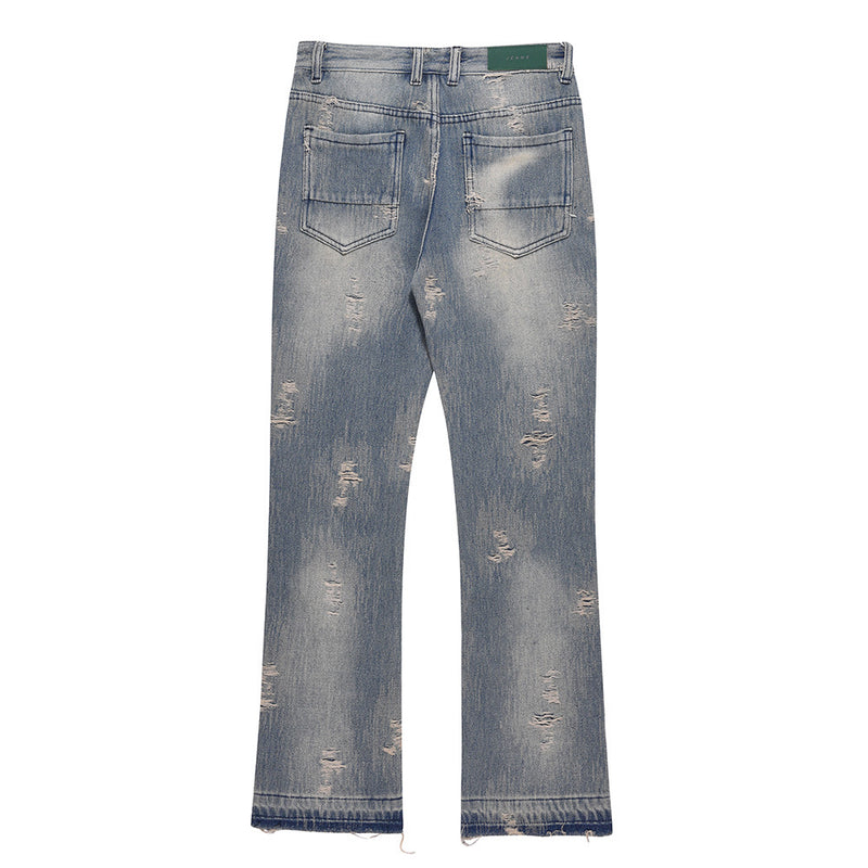 Men Jeans Hole Vintage Washed Loose Burrs Slightly Flared