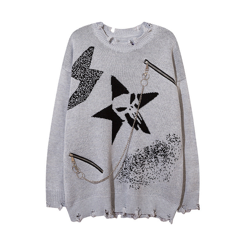Men Sweater Five-Pointed Star Jacquard Loose-Fitting Zipper Decorations Hole Knitted Sweater