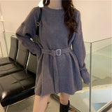 Women Pullover Sweater with Belt Long Knitted Sweater