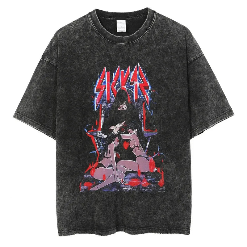 Men Women Washed T Shirt Black Japanese Anime Print T Shirt