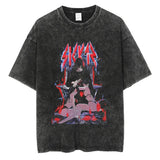 Men Women Washed T Shirt Black Japanese Anime Print T Shirt