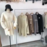 Women Pullover Sweater with Belt Long Knitted Sweater