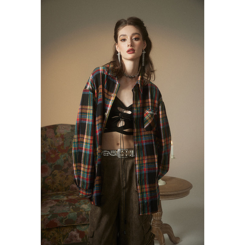 Unisex Shirt Vintage Cotton Long Sleeve Plaid Shirt