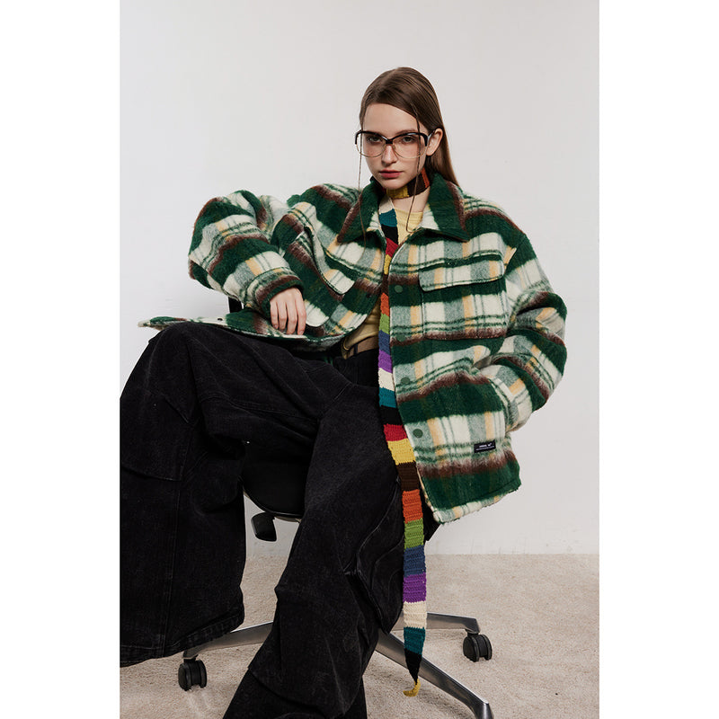 Unisex Coat Retro College Style Plaid Cotton-Padded Coat