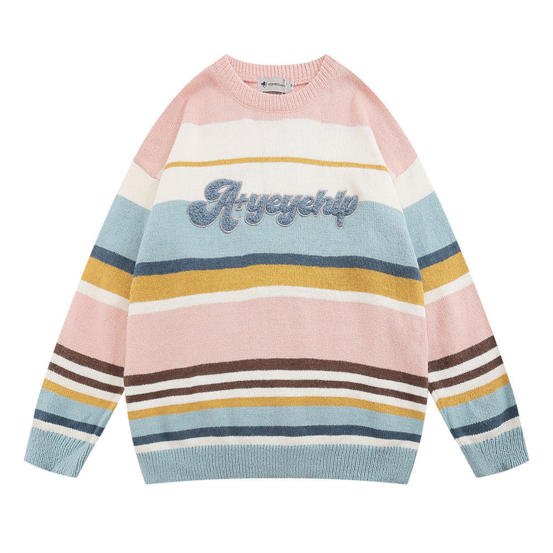 Men Sweater Flocking Color Striped Sweater Loose