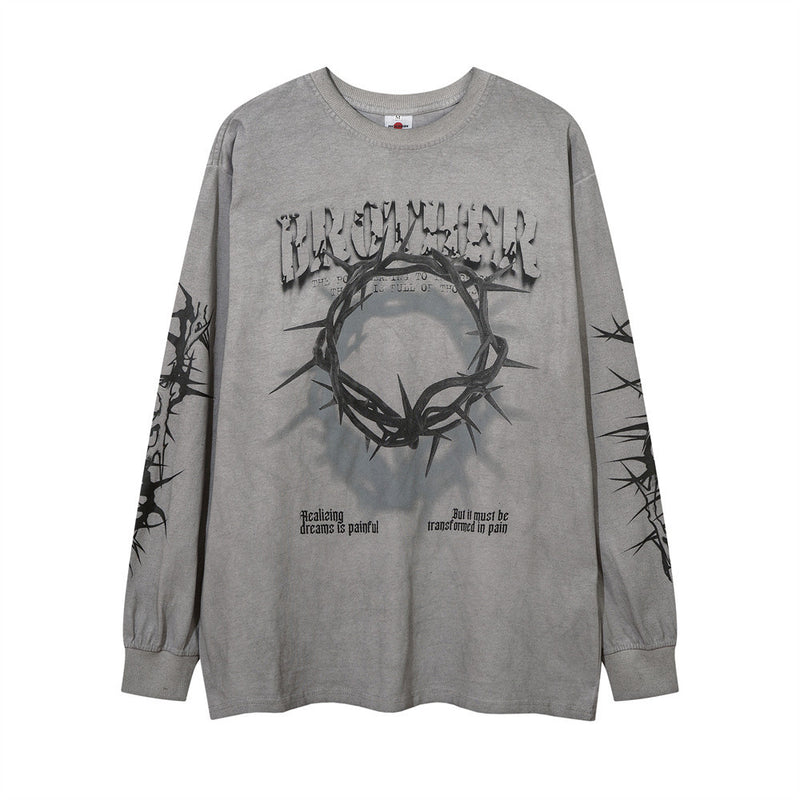 Men Long Sleeve T-Shirt Dark Graffiti Washed and Worn