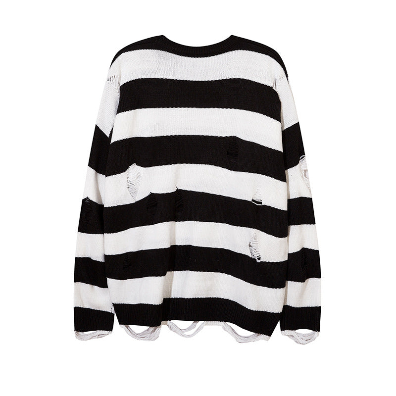 Men Sweater Stitching Ripped Knitted Sweater Loose