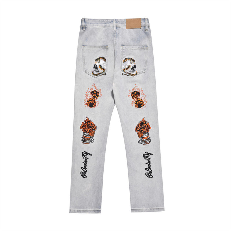 Men Jeans Embroidered Skull Flame Loose Cool