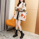 Women Knitted Cardigan Flower Pattern Casual Loose Jacket