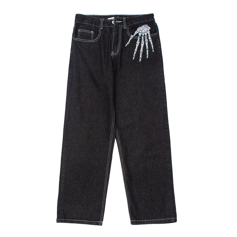 Men Jeans Bone Embroidery Pattern Loose Wide Leg Straight Trend