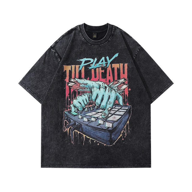 Men T-Shirt Distressed Rock Print Loose