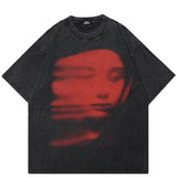 Men Washed Black T-Shirt Harajuku Streetwear Red