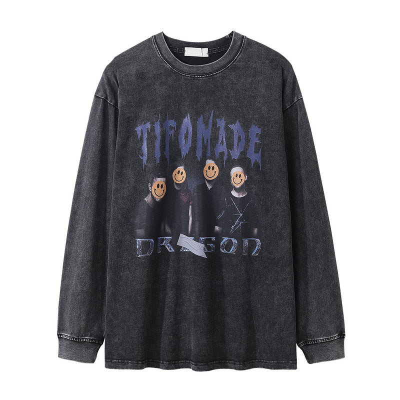 Men Long Sleeve T-Shirt Fun Smiley Face Character Printing Distressed