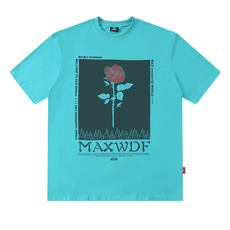 Men T-Shirt Rose Floral Print Oversize All-Match Loose