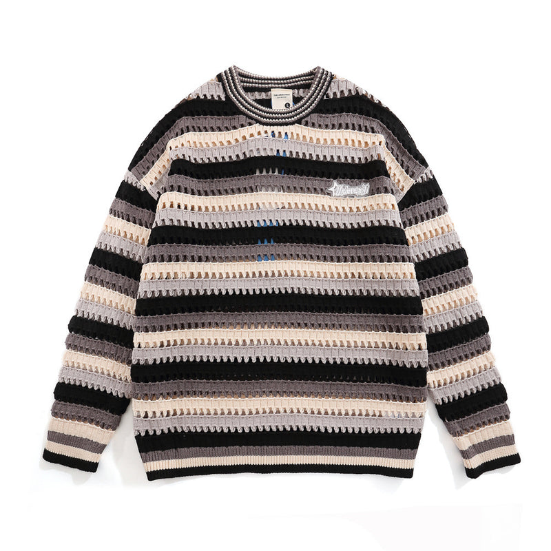 Men Sweater Crocheted Ripped Striped Crew Neck Sweater
