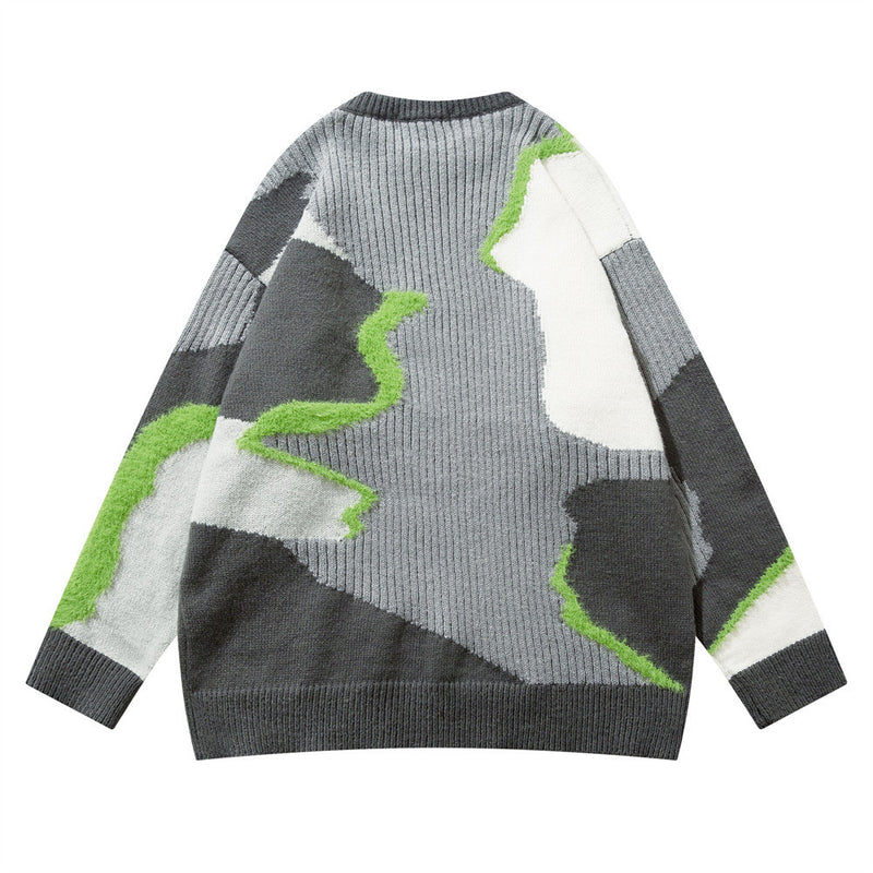Men Sweater Irregular Patchwork round Neck Knitwear