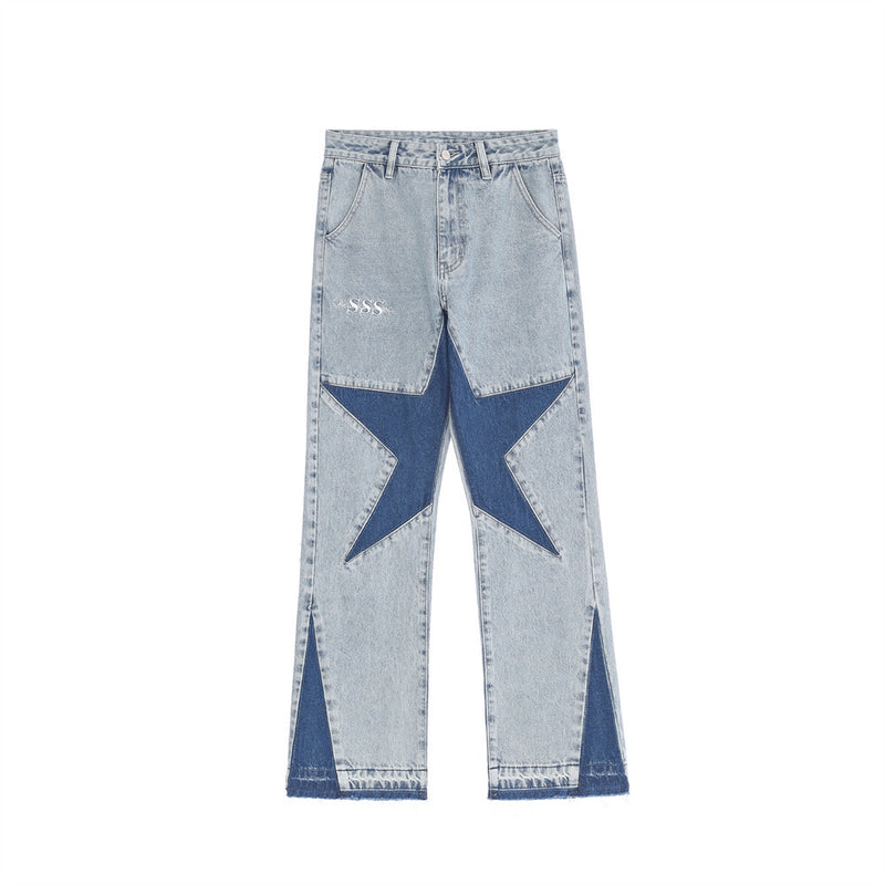 Men Jeans Five-Pointed Star Stitching Casual Loose