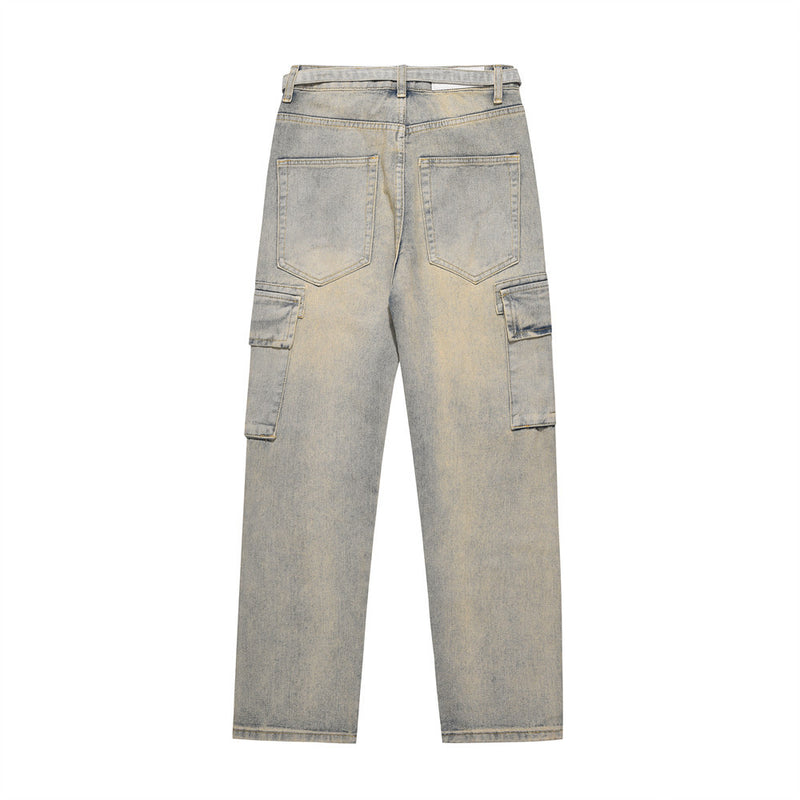 Men Jeans Multi-Pocket Loose Distressed Straight Casual