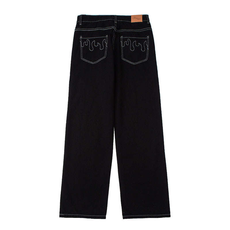 Men Jeans Flame Embroidery Pocket Casual Loose