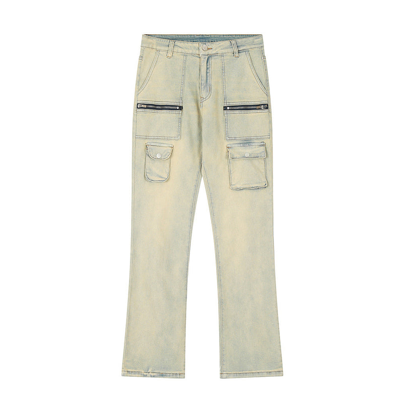 Men Jeans Zipper Stitching Pocket Mud Color