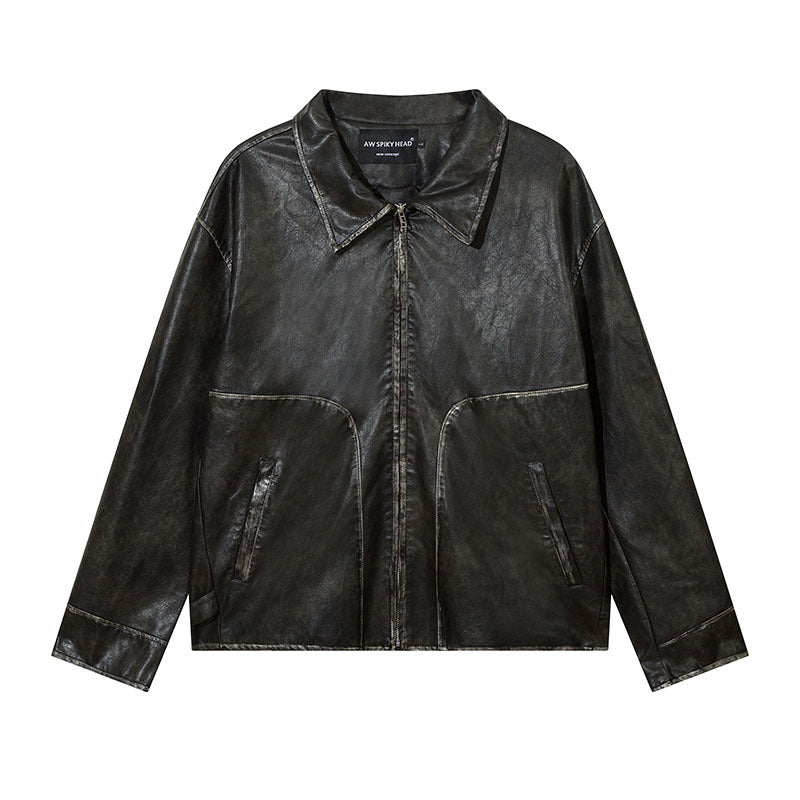 Women Jackets Vintage Distressed PU Leather Zip Jacket